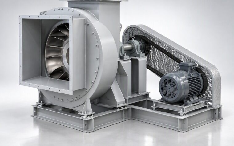 Illustrative 3D render of a belt-driven air handling centrifugal fan with a perforated belt guard and slide-rail mounted motor.