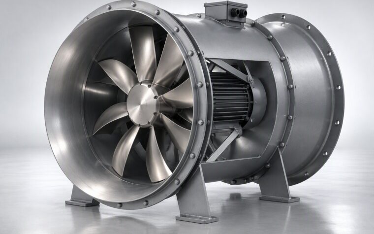 Illustrative 3D render of a vane-axial flow fan with a stainless aerofoil impeller inside a flanged cylindrical casing.