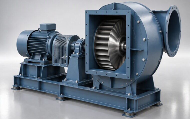 Illustrative 3D render of a backward-curved centrifugal blower with a stainless steel impeller in a bolted volute casing and a direct-coupled motor on a steel base frame.