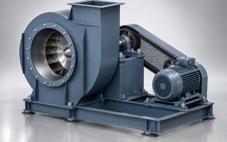 Illustrative 3D render of a backward-inclined centrifugal fan with a belt drive in a perforated guard and a slide-rail mounted motor.