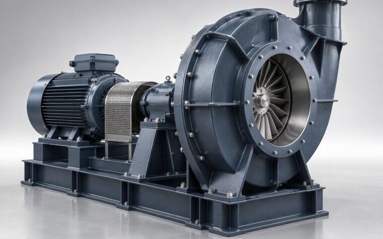 Illustrative 3D render of a high-pressure radial-blade blower with a ribbed volute casing, heavy-duty bearing housings and a rigid skid-mounted motor.