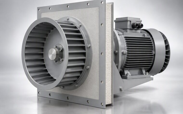Illustrative 3D render of a high-temperature plug fan with a radial impeller, insulated casing panel and finned motor.