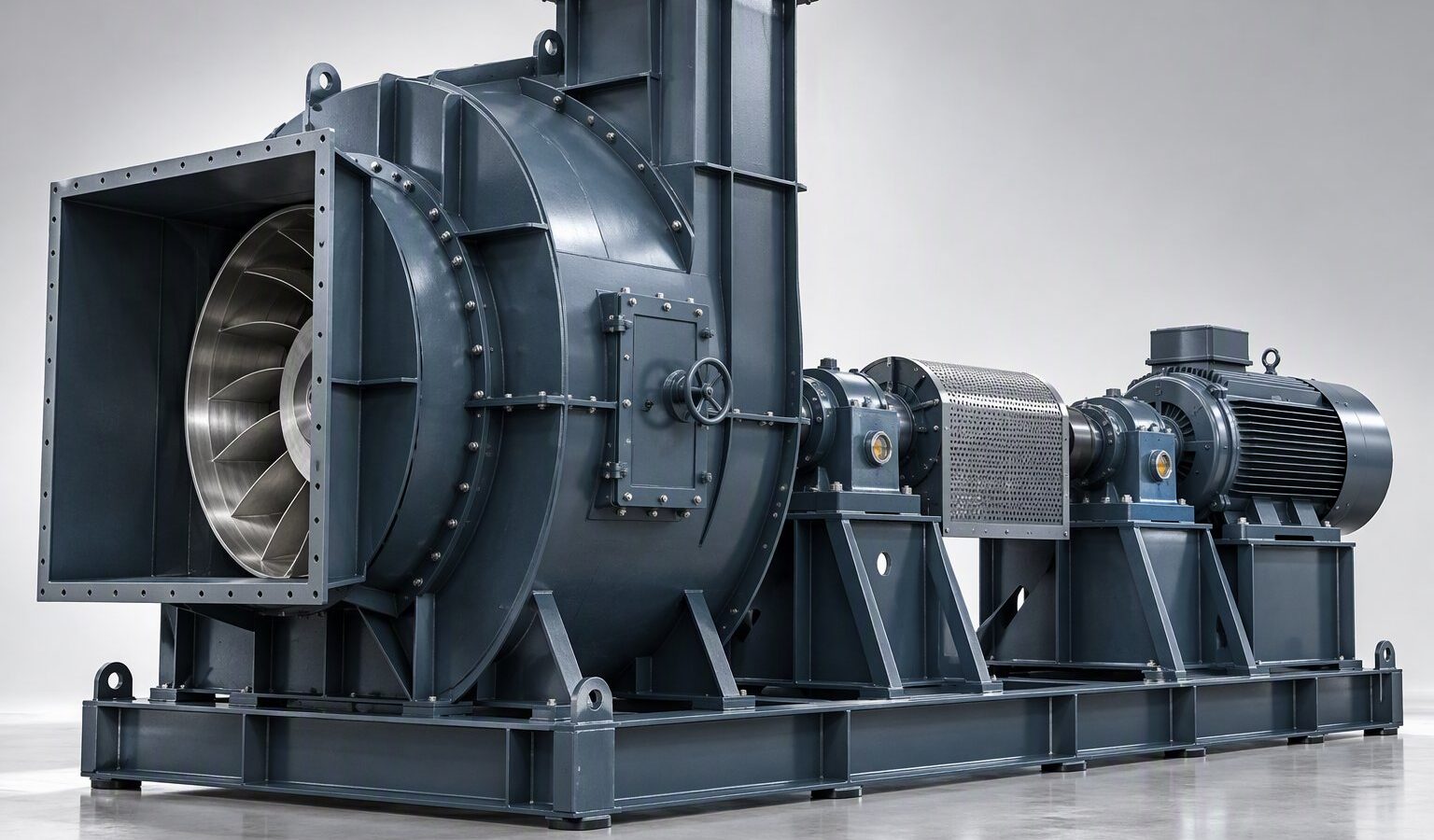 Illustrative 3D render of a large custom centrifugal exhauster with a fabricated split casing and a heavy skid-mounted drive.