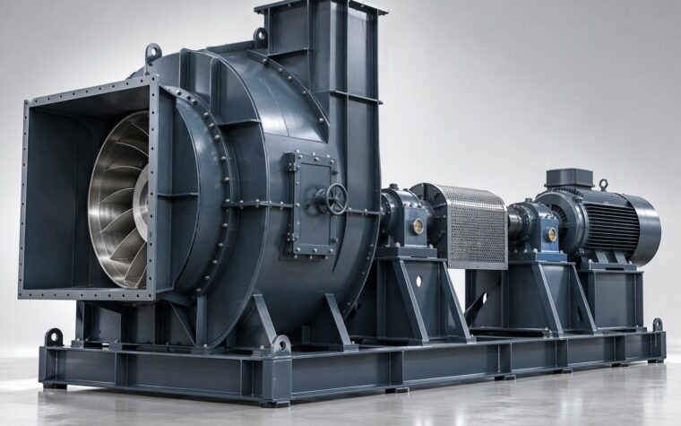 Illustrative 3D render of a large custom centrifugal exhauster with a fabricated split casing and a heavy skid-mounted drive.