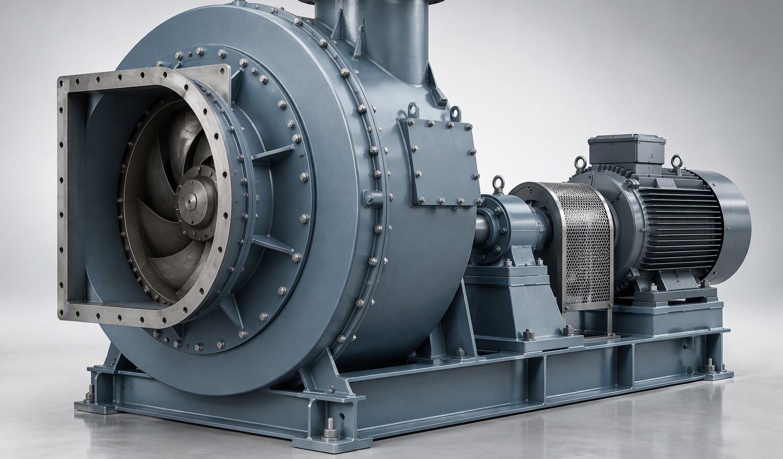 Illustrative 3D render of a wear-lined radial shrouded exhauster with a bolted split casing, inspection door and heavy bearing housings.