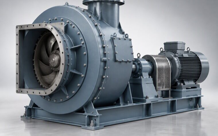 Illustrative 3D render of a wear-lined radial shrouded exhauster with a bolted split casing, inspection door and heavy bearing housings.